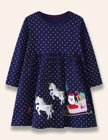 Christmas Santa Claus&Unicorn Appliqué Dotted Dress